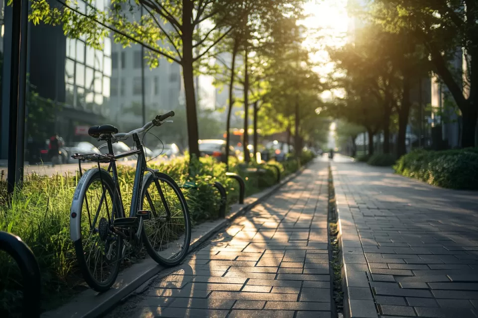 Bike parked on urban sidewalk with large street trees.
